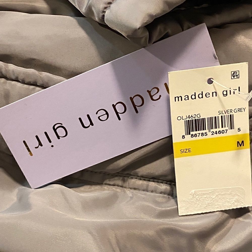 Madden Girl Juniors Silver Grey Faux Fur Trim Hooded Anorak Parka Coat Med NWT - Picture 9 of 9